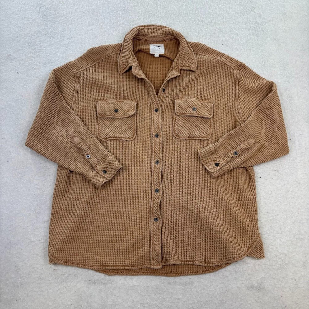 Aerie LumberJane Waffle Shirt in Cappuccino Tan Button Up Oversized Relaxed Sz S - Picture 2 of 8